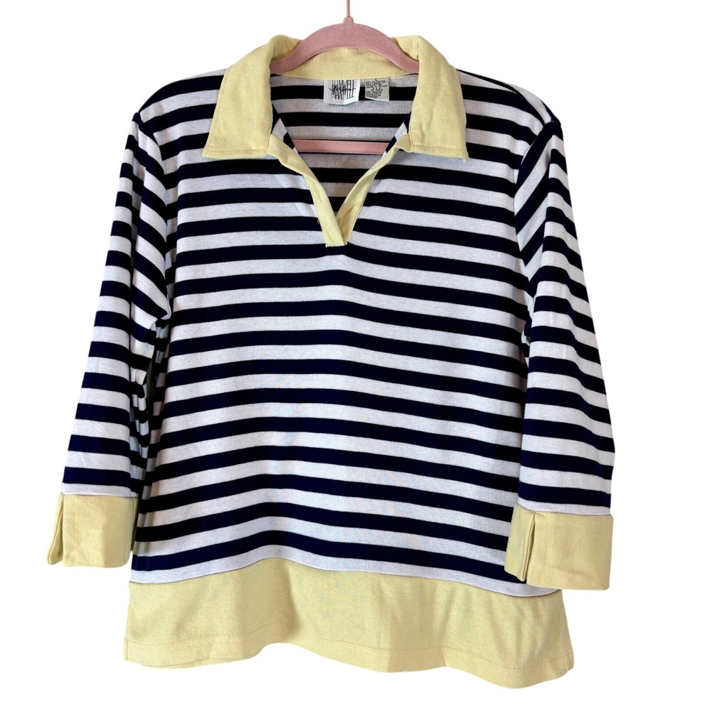 Jason Maxell Striped Polo Shirt 3/4 Sleeve Yellow Trim Nautical Size Large‎
